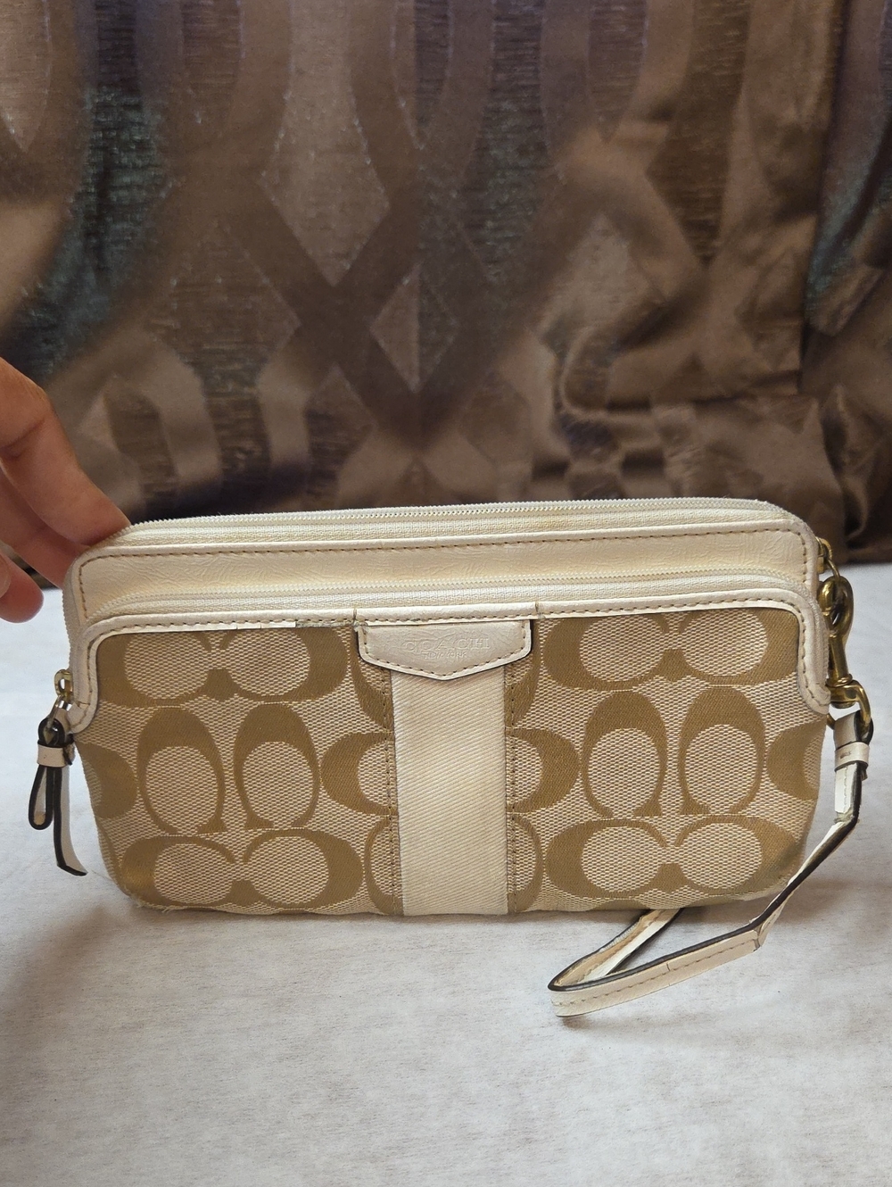 Coach Beige/Tan Signature Canvas Wristlet with Ivory Trim- Project has Cracking